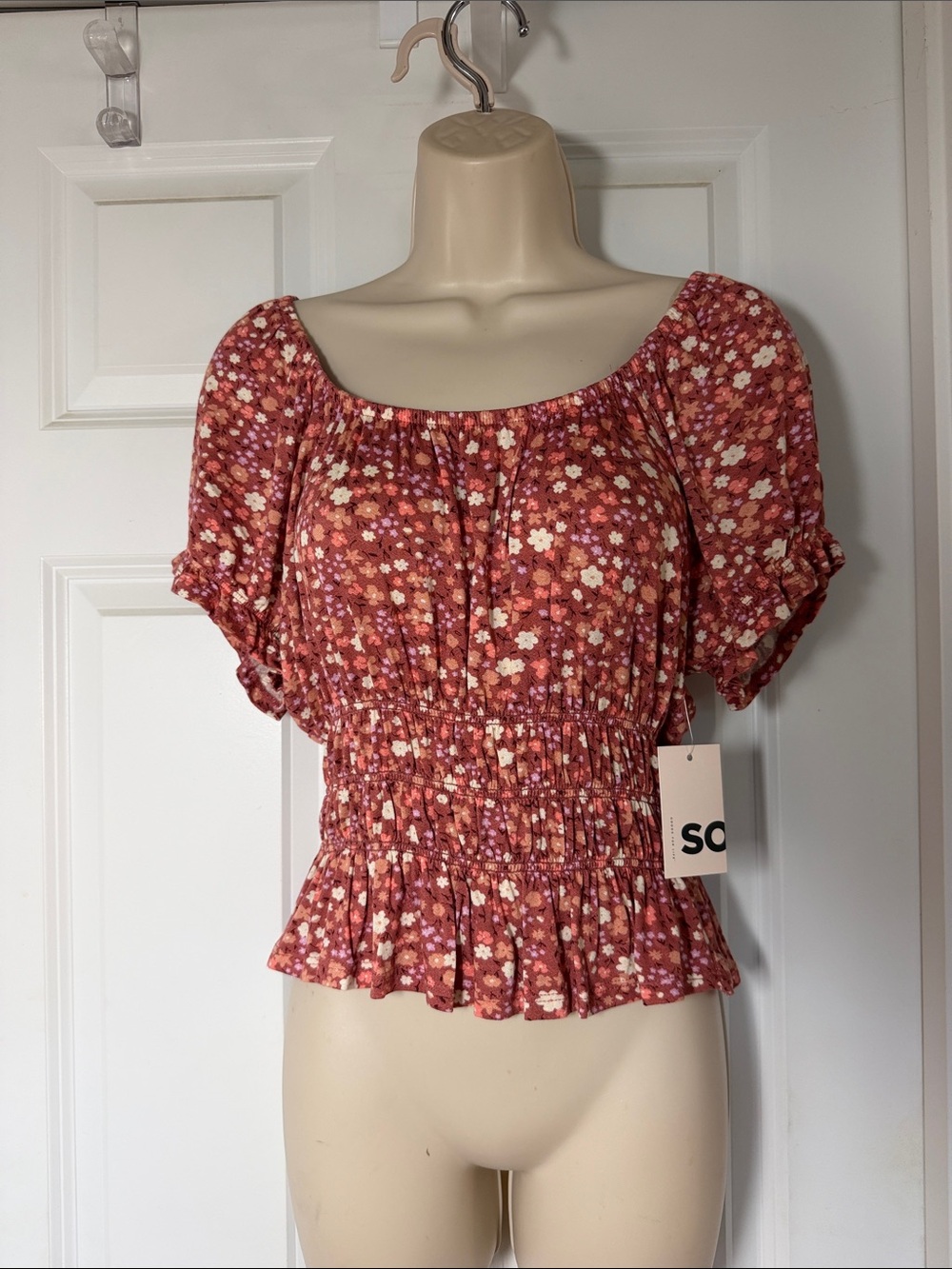 SO Rust Floral Smocked Peplum Crop Top